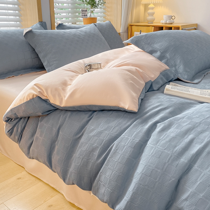 91家纺网 家纺一手货源 找家纺 骏腾家纺 2023新款华夫格冰丝四件套 华夫格-蓝粉