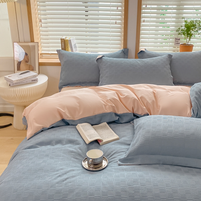 91家纺网 家纺一手货源 找家纺 骏腾家纺 2023新款华夫格冰丝四件套 华夫格-蓝粉