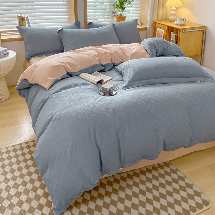 91家纺网 家纺一手货源 找家纺 骏腾家纺 2023新款华夫格冰丝四件套 华夫格-蓝粉