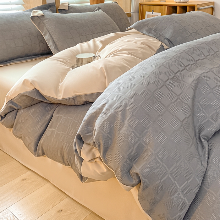 91家纺网 家纺一手货源 找家纺 骏腾家纺 2023新款华夫格冰丝四件套 华夫格-浅灰