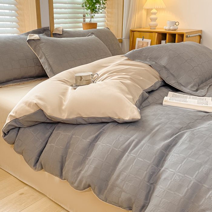 91家纺网 家纺一手货源 找家纺 骏腾家纺 2023新款华夫格冰丝四件套 华夫格-浅灰