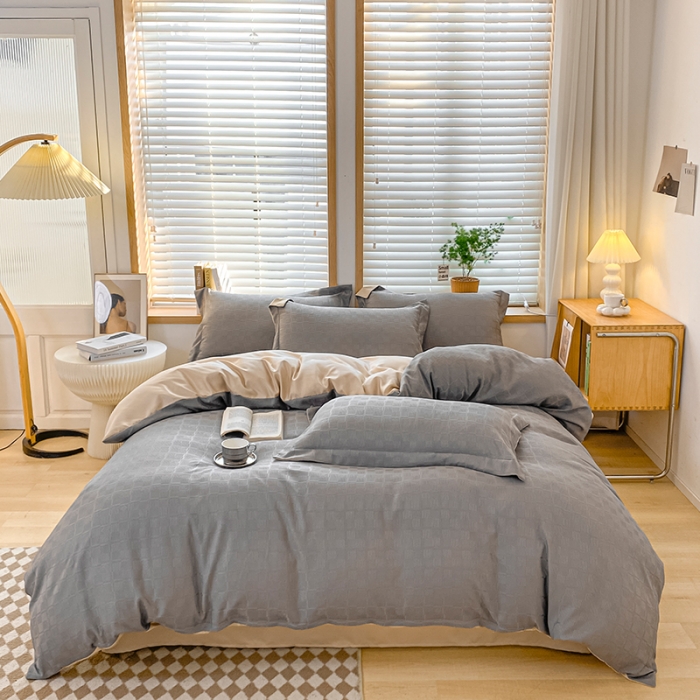 91家纺网 家纺一手货源 找家纺 骏腾家纺 2023新款华夫格冰丝四件套 华夫格-浅灰