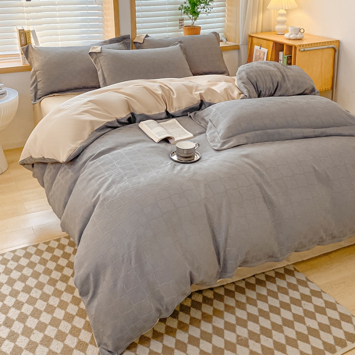 91家纺网 家纺一手货源 找家纺 骏腾家纺 2023新款华夫格冰丝四件套 华夫格-浅灰