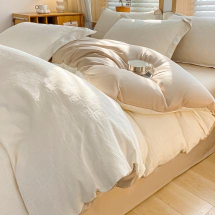 91家纺网 家纺一手货源 找家纺 骏腾家纺 2023新款华夫格冰丝四件套 华夫格-奶白