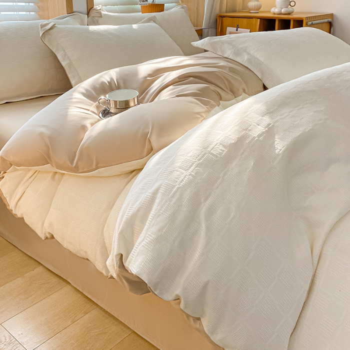 91家纺网 家纺一手货源 找家纺 骏腾家纺 2023新款华夫格冰丝四件套 华夫格-奶白