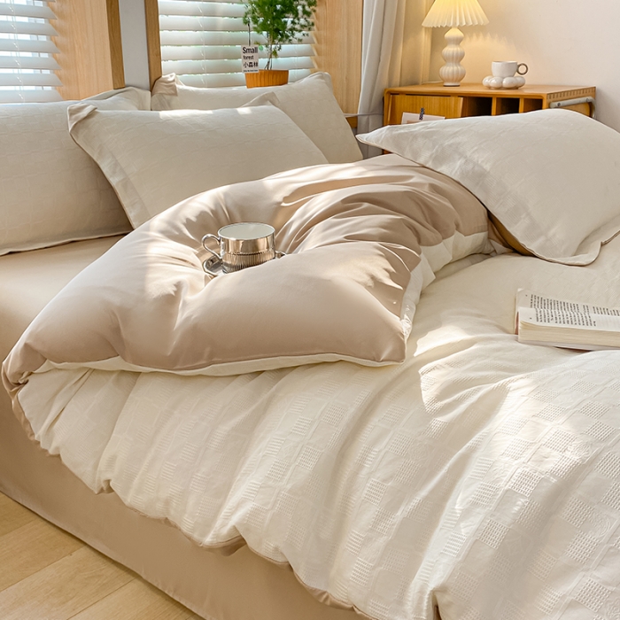 91家纺网 家纺一手货源 找家纺 骏腾家纺 2023新款华夫格冰丝四件套 华夫格-奶白