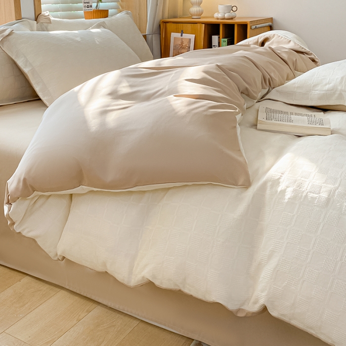 91家纺网 家纺一手货源 找家纺 骏腾家纺 2023新款华夫格冰丝四件套 华夫格-奶白