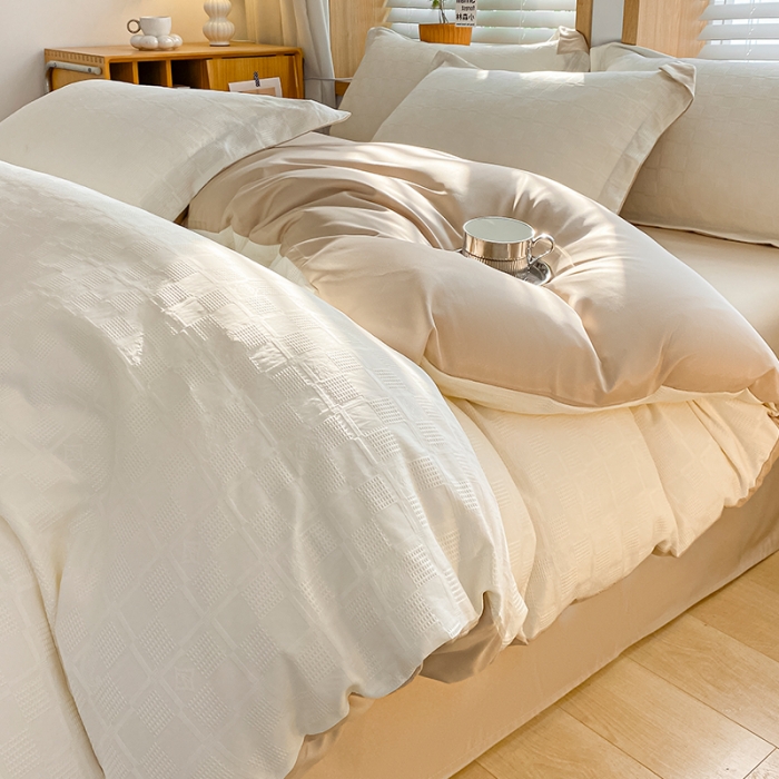 91家纺网 家纺一手货源 找家纺 骏腾家纺 2023新款华夫格冰丝四件套 华夫格-奶白