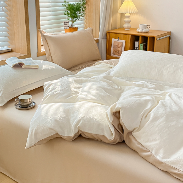 91家纺网 家纺一手货源 找家纺 骏腾家纺 2023新款华夫格冰丝四件套 华夫格-奶白