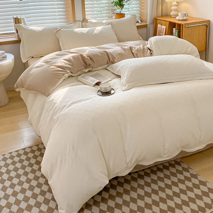 91家纺网 家纺一手货源 找家纺 骏腾家纺 2023新款华夫格冰丝四件套 华夫格-奶白