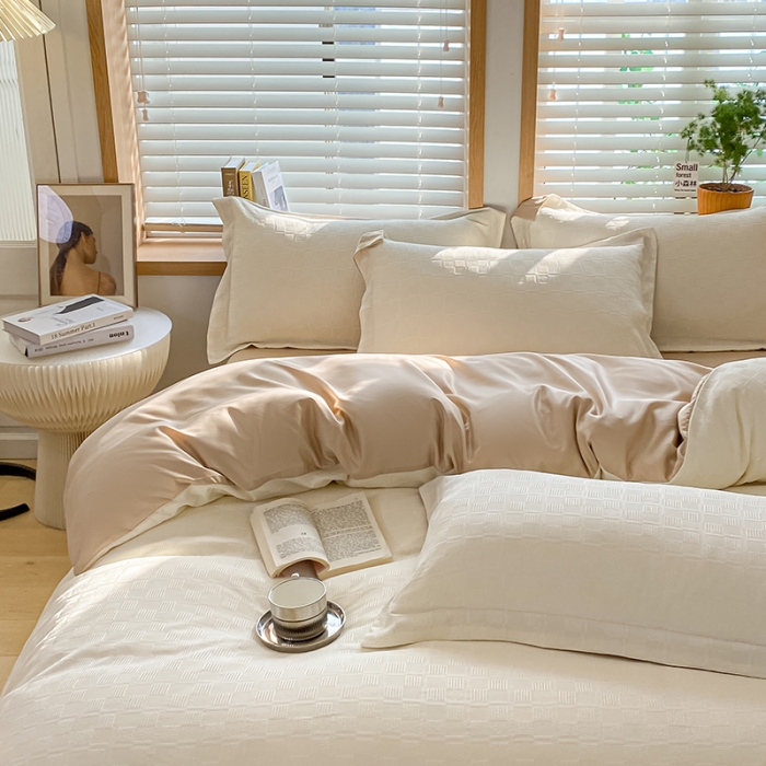 91家纺网 家纺一手货源 找家纺 骏腾家纺 2023新款华夫格冰丝四件套 华夫格-奶白