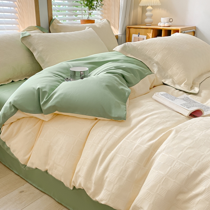 91家纺网 家纺一手货源 找家纺 骏腾家纺 2023新款华夫格冰丝四件套 华夫格-白绿