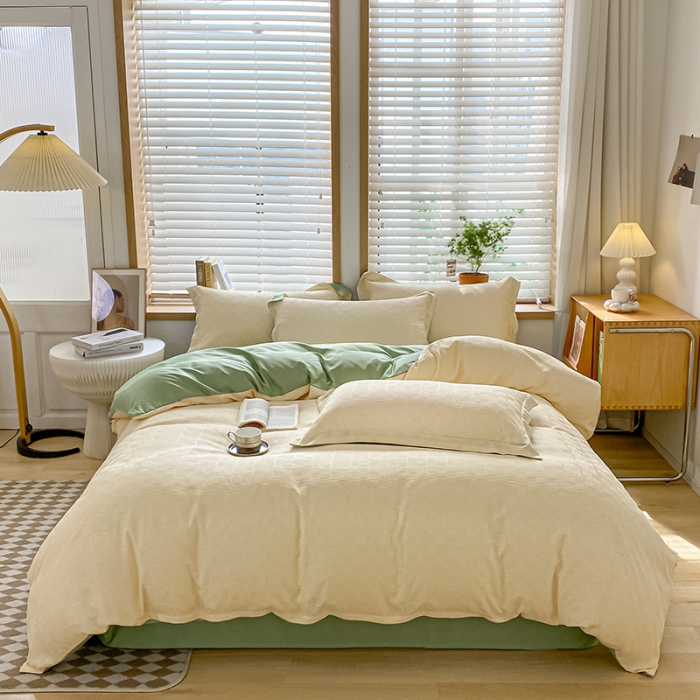 91家纺网 家纺一手货源 找家纺 骏腾家纺 2023新款华夫格冰丝四件套 华夫格-白绿