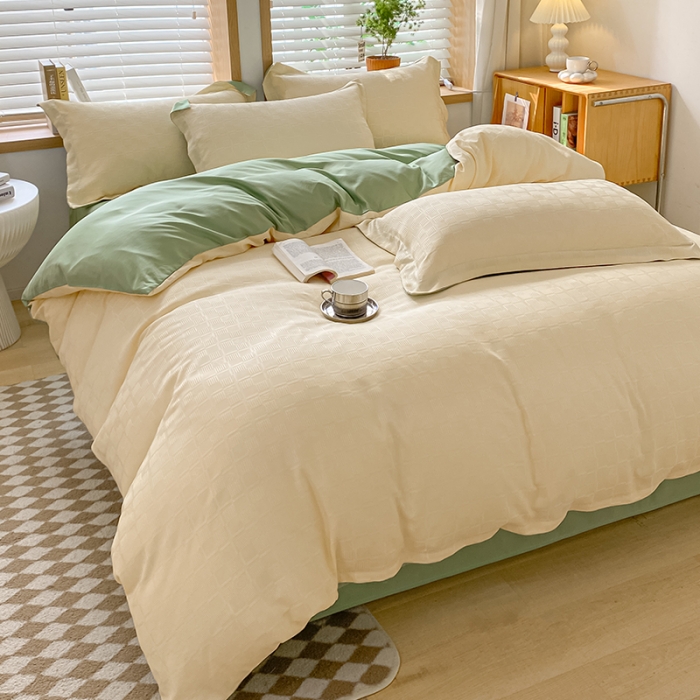 91家纺网 家纺一手货源 找家纺 骏腾家纺 2023新款华夫格冰丝四件套 华夫格-白绿