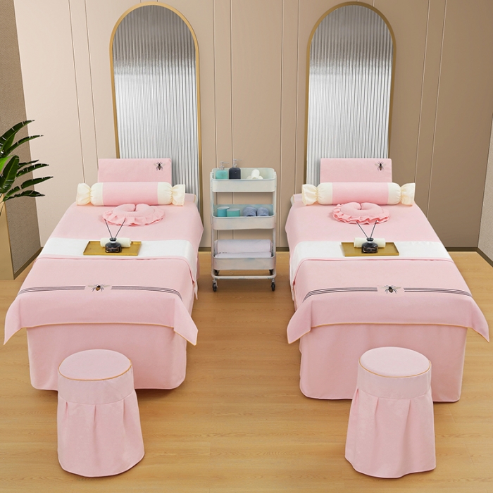 91家纺网 家纺一手货源 找家纺 莉人坊 2023彩棉麻美容床罩-小蜜蜂 小蜜蜂粉红