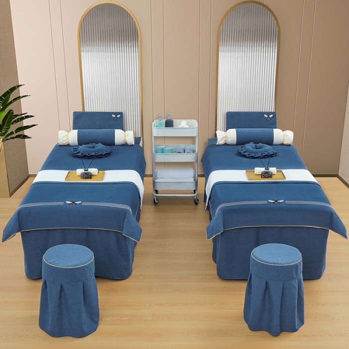 91家纺网 家纺一手货源 找家纺 莉人坊 2023彩棉麻美容床罩-小蜜蜂 小蜜蜂海蓝