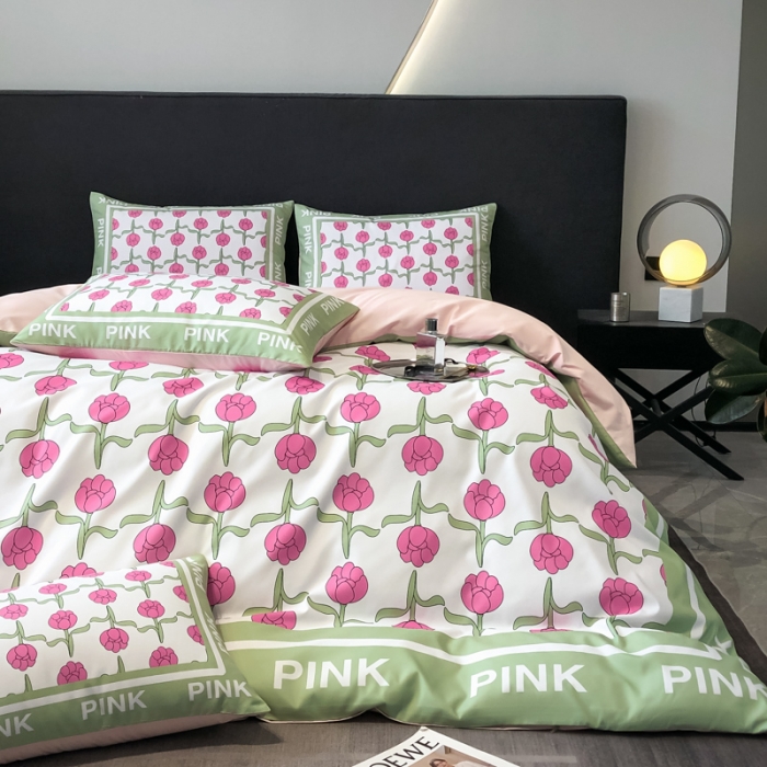 91家纺网 家纺一手货源 找家纺 花沐 2025新款轻奢潮牌亲肤棉纯棉四件套 粉色郁金香