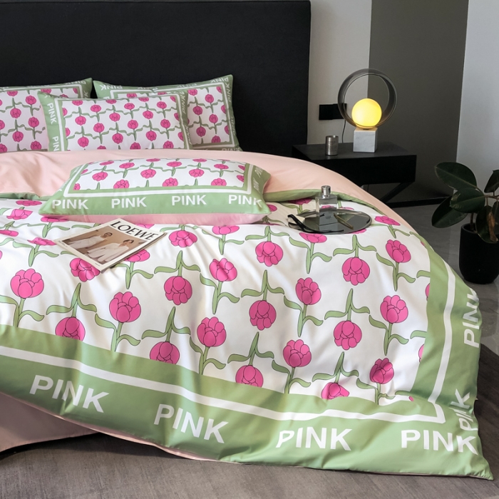 91家纺网 家纺一手货源 找家纺 花沐 2025新款轻奢潮牌亲肤棉纯棉四件套 粉色郁金香