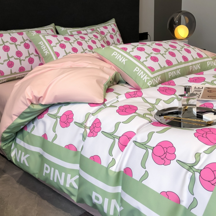 91家纺网 家纺一手货源 找家纺 花沐 2025新款轻奢潮牌亲肤棉纯棉四件套 粉色郁金香