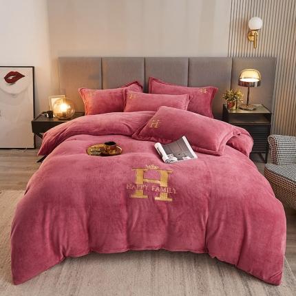 91家纺网 家纺一手货源 找家纺 富缘娜 2023新款牛奶绒H款绣花床单款纯色四件套 豆沙