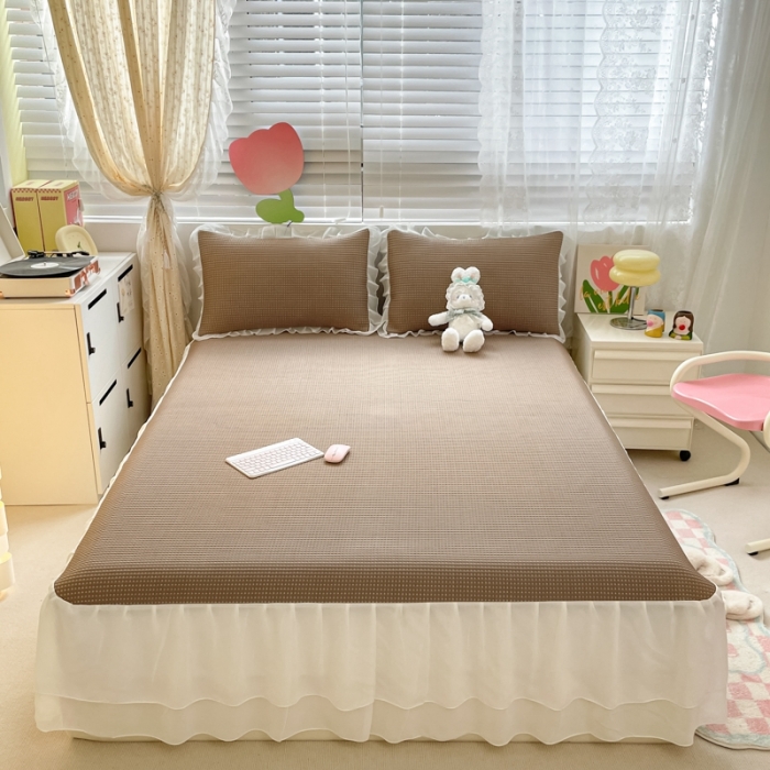 91家纺网 家纺一手货源 找家纺 川悦生活2023新款雪纺极速凉感凉豆豆床裙凉席三件套 贝昔-咖色