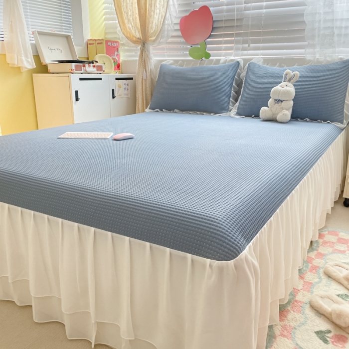 91家纺网 家纺一手货源 找家纺 川悦生活2023新款雪纺极速凉感凉豆豆床裙凉席三件套 贝昔-丁蓝