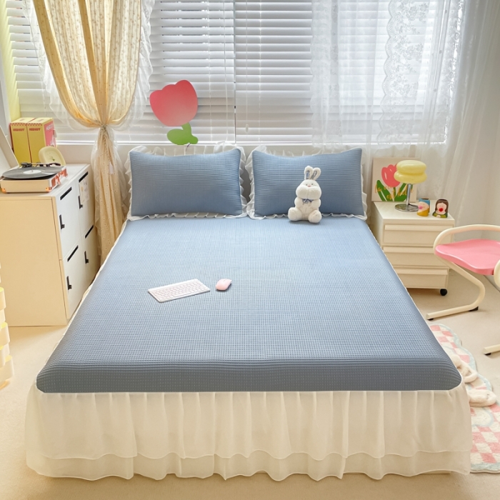 91家纺网 家纺一手货源 找家纺 川悦生活2023新款雪纺极速凉感凉豆豆床裙凉席三件套 贝昔-丁蓝