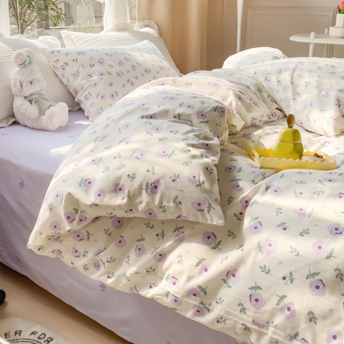 91家纺网 家纺一手货源 找家纺 田野2023新款133372全棉小清新四件套 花园里-紫