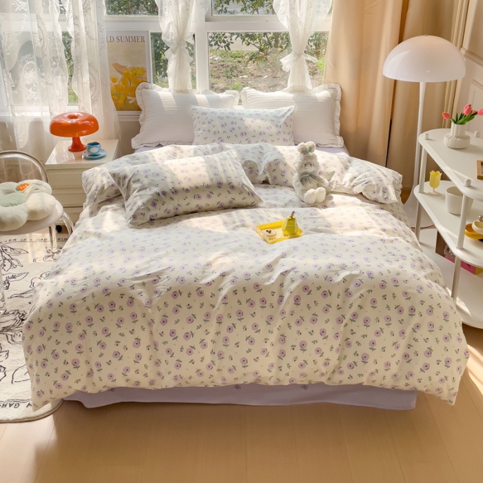 91家纺网 家纺一手货源 找家纺 田野2023新款133372全棉小清新四件套 花园里-紫