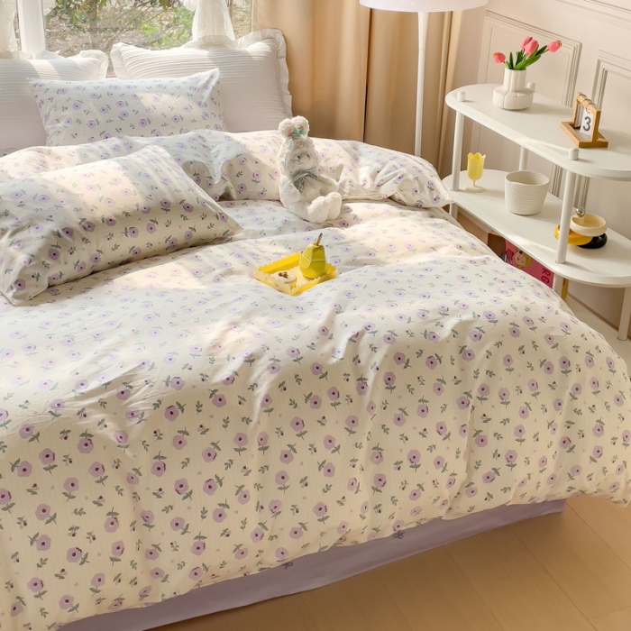 91家纺网 家纺一手货源 找家纺 田野2023新款133372全棉小清新四件套 花园里-紫