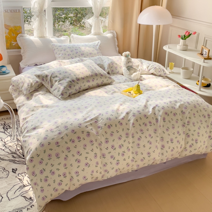 91家纺网 家纺一手货源 找家纺 田野2023新款133372全棉小清新四件套 花园里-紫