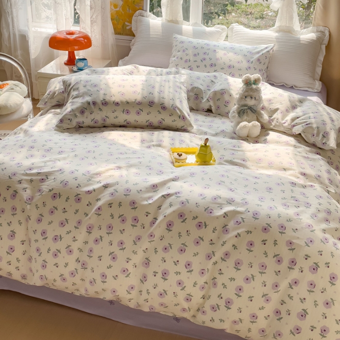 91家纺网 家纺一手货源 找家纺 田野2023新款133372全棉小清新四件套 花园里-紫