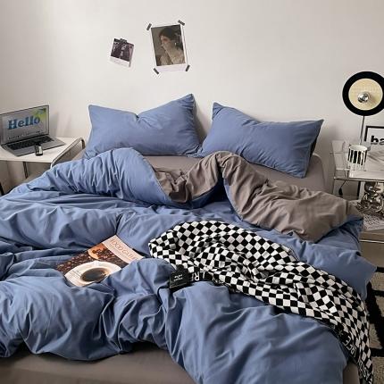 91家纺网 家纺一手货源 找家纺 蓝淋家纺 2023新款双拼水洗棉高级感亲肤四件套/三件套 浅蓝灰浅灰
