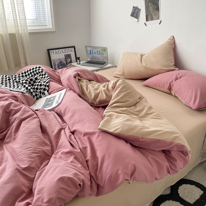 91家纺网 家纺一手货源 找家纺 蓝淋家纺 2023新款双拼水洗棉高级感亲肤四件套/三件套 豆沙奶茶