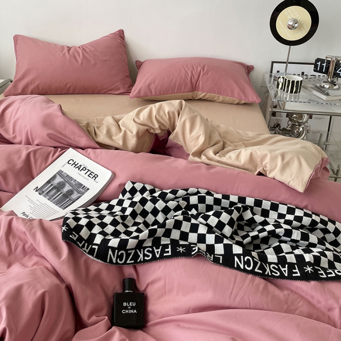 91家纺网 家纺一手货源 找家纺 蓝淋家纺 2023新款双拼水洗棉高级感亲肤四件套/三件套 豆沙奶茶