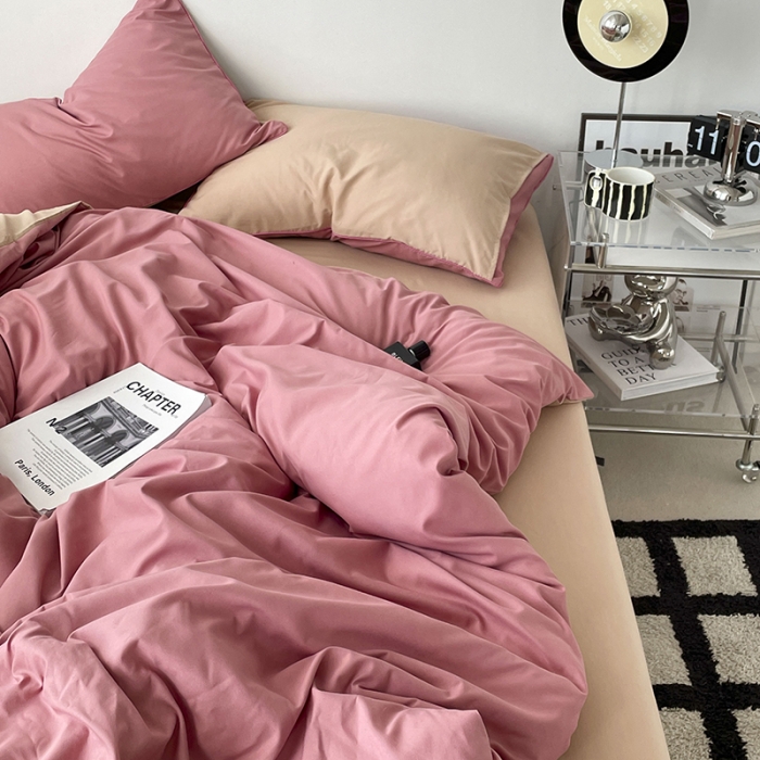 91家纺网 家纺一手货源 找家纺 蓝淋家纺 2023新款双拼水洗棉高级感亲肤四件套/三件套 豆沙奶茶