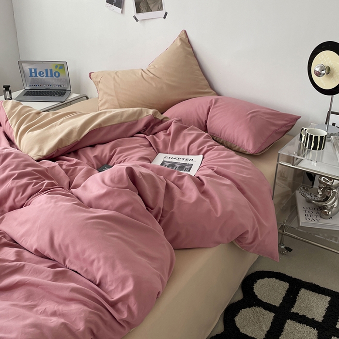 91家纺网 家纺一手货源 找家纺 蓝淋家纺 2023新款双拼水洗棉高级感亲肤四件套/三件套 豆沙奶茶