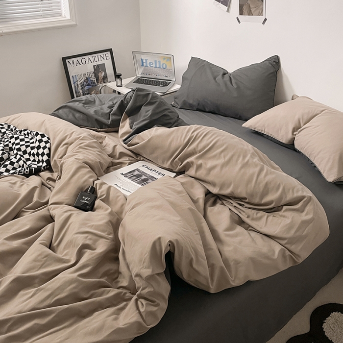 91家纺网 家纺一手货源 找家纺 蓝淋家纺 2023新款双拼水洗棉高级感亲肤四件套/三件套 奶茶深灰