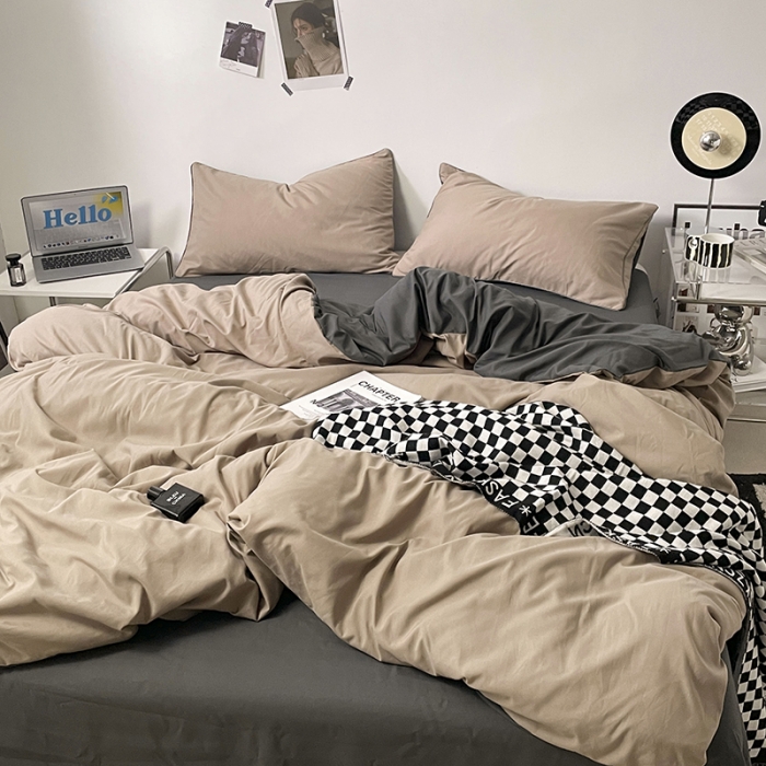 91家纺网 家纺一手货源 找家纺 蓝淋家纺 2023新款双拼水洗棉高级感亲肤四件套/三件套 奶茶深灰