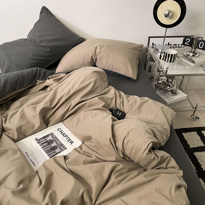 91家纺网 家纺一手货源 找家纺 蓝淋家纺 2023新款双拼水洗棉高级感亲肤四件套/三件套 奶茶深灰