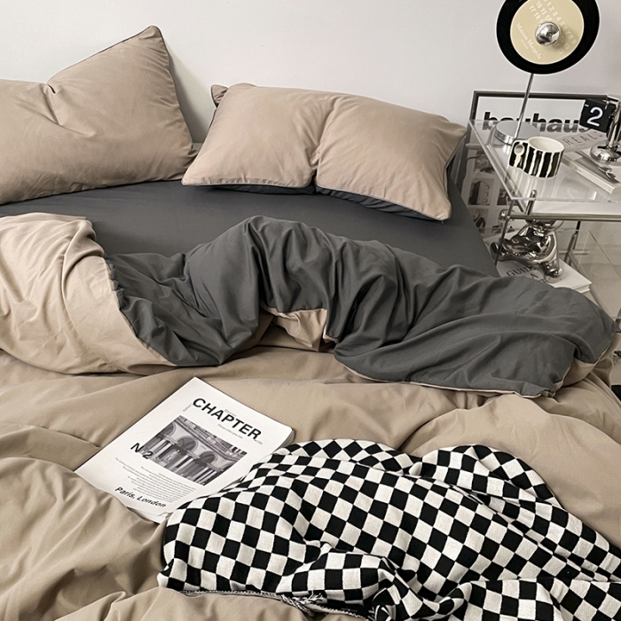 91家纺网 家纺一手货源 找家纺 蓝淋家纺 2023新款双拼水洗棉高级感亲肤四件套/三件套 奶茶深灰