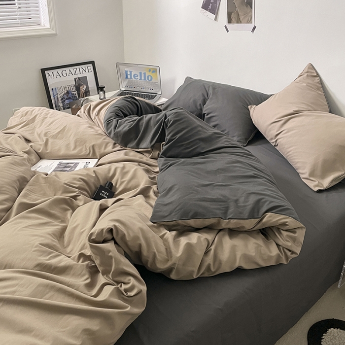 91家纺网 家纺一手货源 找家纺 蓝淋家纺 2023新款双拼水洗棉高级感亲肤四件套/三件套 奶茶深灰