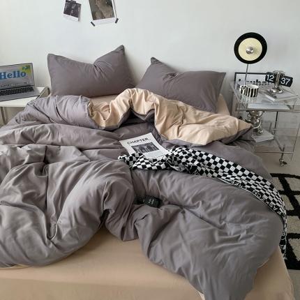蓝淋家纺 2023新款双拼水洗棉高级感亲肤四件套/三件套 浅灰奶茶