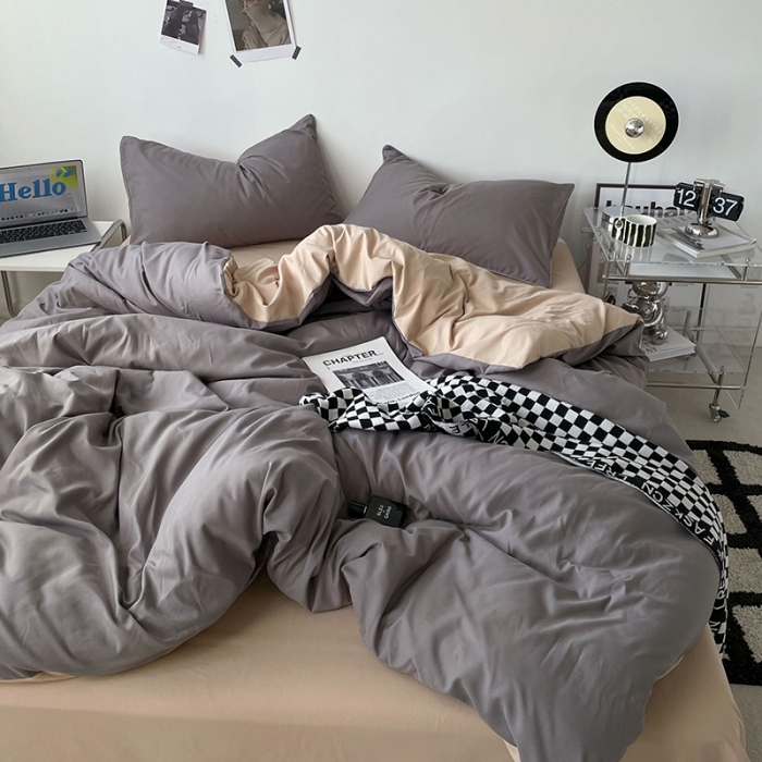 91家纺网 家纺一手货源 找家纺 蓝淋家纺 2023新款双拼水洗棉高级感亲肤四件套/三件套 浅灰奶茶