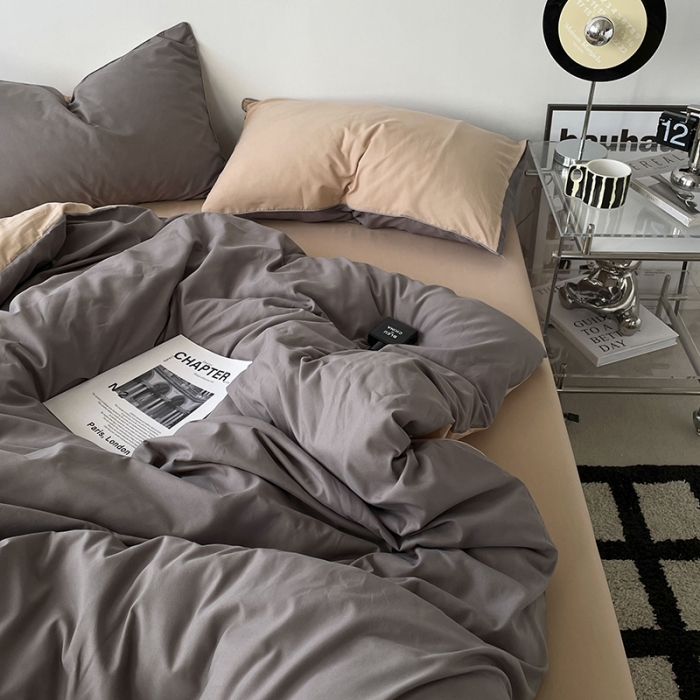 91家纺网 家纺一手货源 找家纺 蓝淋家纺 2023新款双拼水洗棉高级感亲肤四件套/三件套 浅灰奶茶