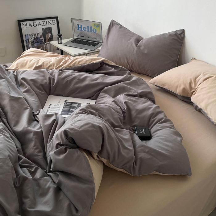 91家纺网 家纺一手货源 找家纺 蓝淋家纺 2023新款双拼水洗棉高级感亲肤四件套/三件套 浅灰奶茶