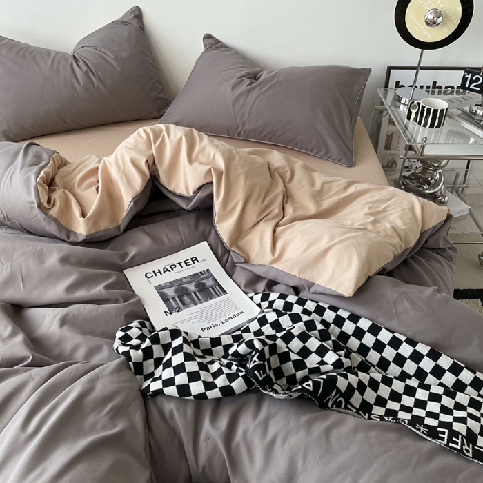 91家纺网 家纺一手货源 找家纺 蓝淋家纺 2023新款双拼水洗棉高级感亲肤四件套/三件套 浅灰奶茶