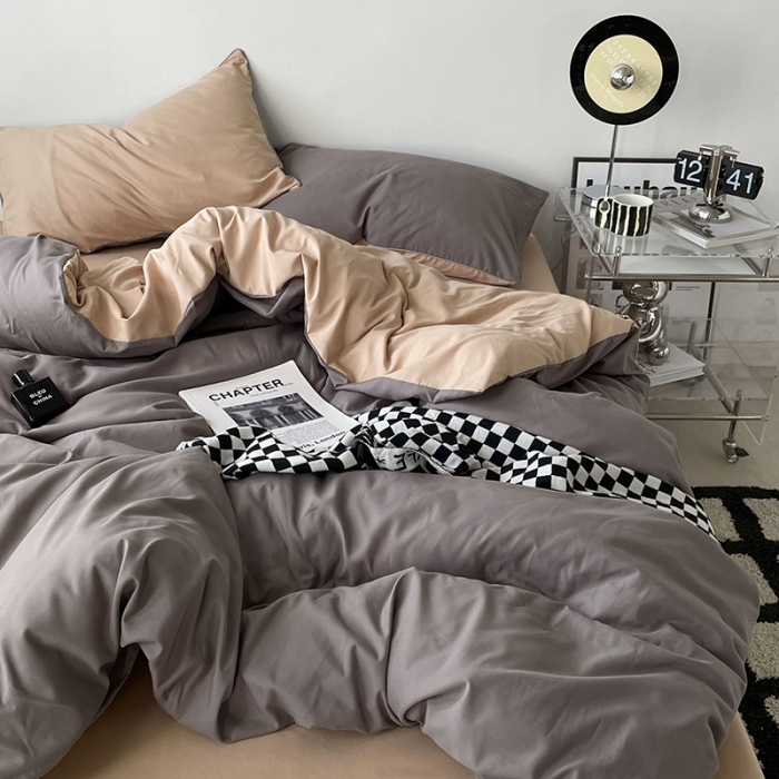 91家纺网 家纺一手货源 找家纺 蓝淋家纺 2023新款双拼水洗棉高级感亲肤四件套/三件套 浅灰奶茶