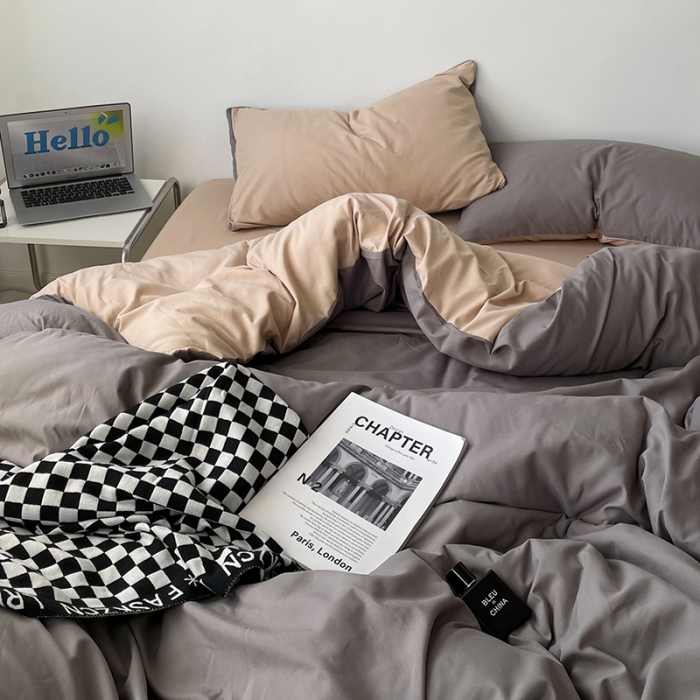 91家纺网 家纺一手货源 找家纺 蓝淋家纺 2023新款双拼水洗棉高级感亲肤四件套/三件套 浅灰奶茶