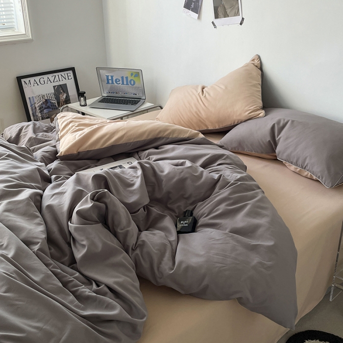 91家纺网 家纺一手货源 找家纺 蓝淋家纺 2023新款双拼水洗棉高级感亲肤四件套/三件套 浅灰奶茶